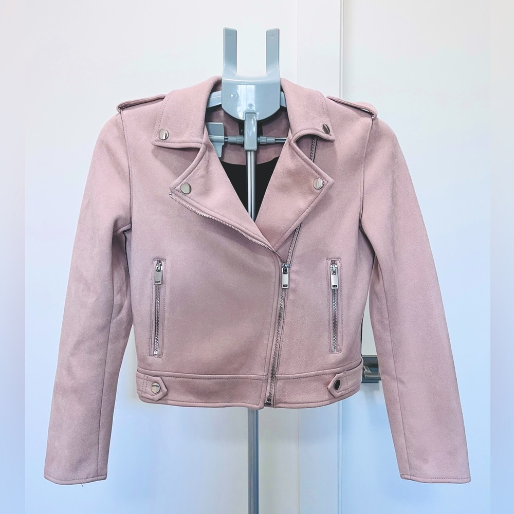 Pastel Pink Faux Suede Leather Biker Jacket Ballet Core Barbie Core Spring Fall